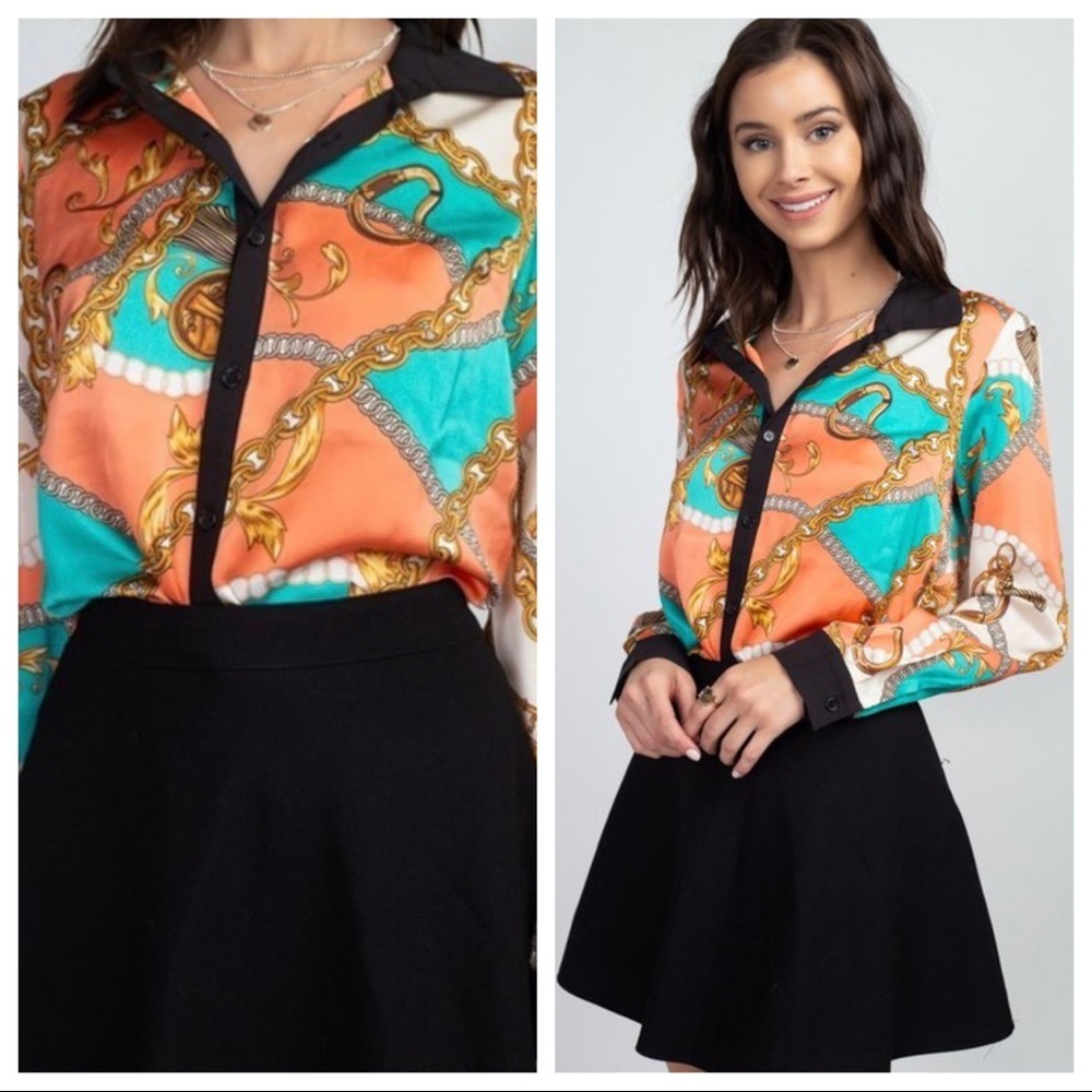Long Sleeve Satin Chain Pattern ButtonDown Blouse